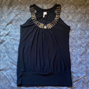 Kiwi Gold Beaded Black Blouson Sleeveless Top